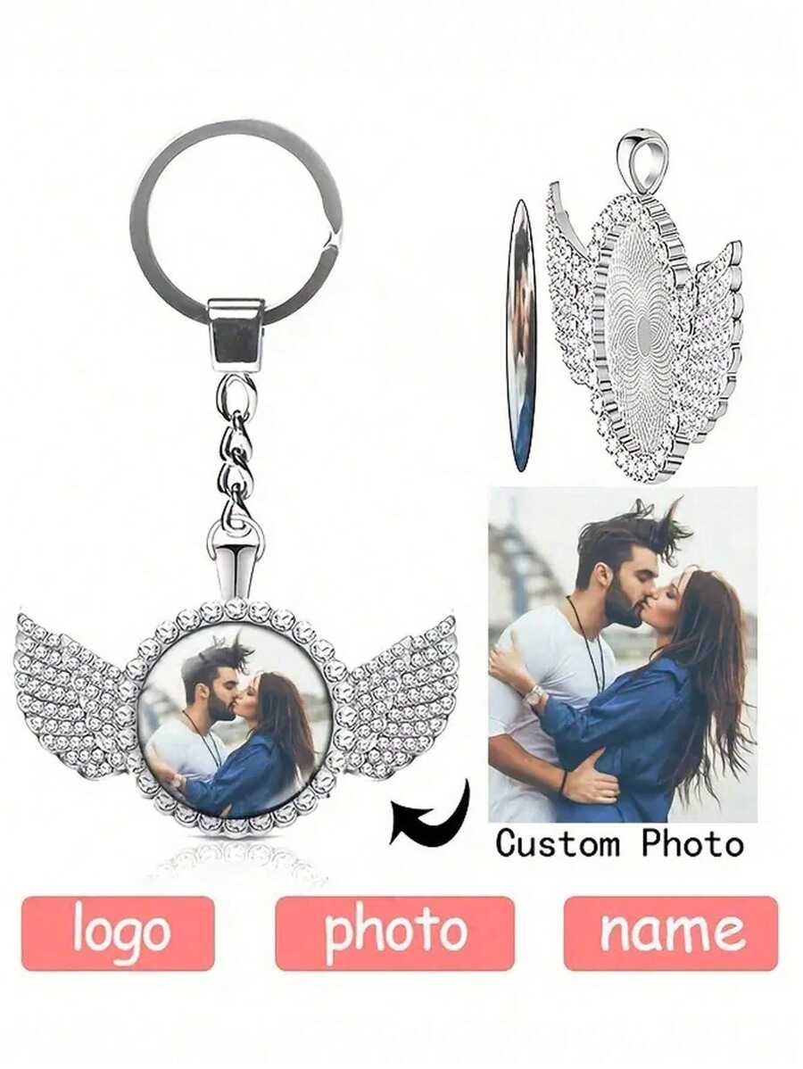 定制照片圆形 DIY 钥匙扣天使翅膀吊坠个性化礼品工艺品 - 訂製翅膀鑰匙扣 - 查看 1