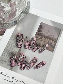 One Piece Sweet Cool, Niche Pure Handmade Press-On Nails , High Position Tender Pink French Style, Hand-Painted Zebra Pattern, Suitable For Girls, Birthday Parties, Parties, Daily Life Nail Supplies Nails - Multicolor - View 3