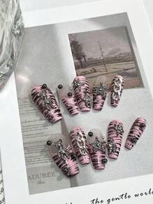 One Piece Sweet Cool, Niche Pure Handmade Press-On Nails , High Position Tender Pink French Style, Hand-Painted Zebra Pattern, Suitable For Girls, Birthday Parties, Parties, Daily Life Nail Supplies Nails - Multicolor - View 1