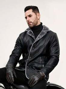 男士仿皮夹克，防风休闲宽松加厚保暖骑行摩托车外套，秋冬 - 黑色 - 查看 5