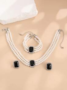 4 件套奢华时尚水晶镶嵌多层仿珍珠项链和手链、宝石耳环、优雅女士新娘首饰套装 - 彩色 - 查看 9