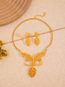 2pcs 24K Gold Dubai Style Fashion Jewelry Set - Necklace And Earrings For Women - Gold - View 6