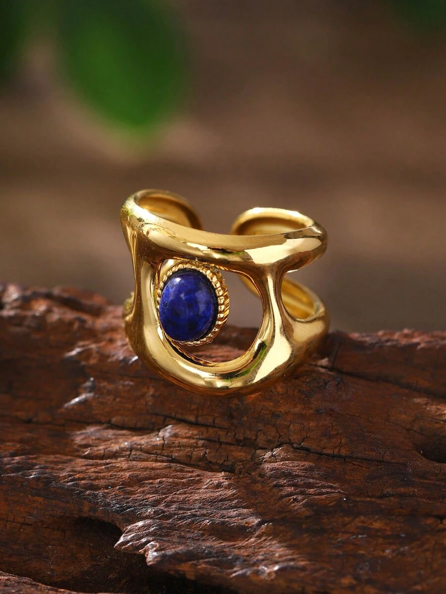 1 件时尚复古奢华优雅迷人简约创意金色不锈钢蓝石几何装饰可调节开口戒指，适合女性日常佩戴、度假、派对、约会、礼物 - 幾何 - 查看 1