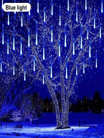 1 pieza de 192 luces LED en forma de lluvia de meteoros - Luces en forma de carámbanos, nieve que cae, gotas de lluvia en cascada para jardín, boda, fiesta, Año Nuevo, festivales, decoración del Día de San Valentín, luces solares para exteriores