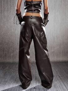 Low-Rise Distressed Wide-Leg PU Leather Pants
