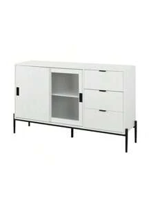 Modern Featured Storage Cabinet Sideboard With Glass Sliding Door And 3 Drawers, Entryway Console Table Kitchen Buffet Cabinet For Corridors Entrances Kitchen Study White,Fiah