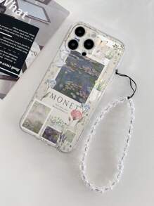 苹果穿孔高透莫奈画作印花防摔手机壳配手工串珠手链软壳防水防震防刮 - 彩色 - 查看 4