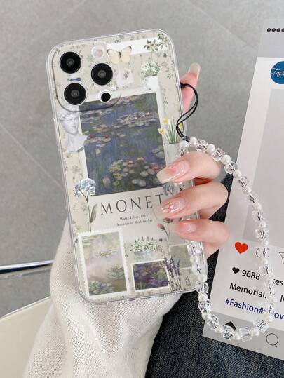 苹果穿孔高透莫奈画作印花防摔手机壳配手工串珠手链软壳防水防震防刮