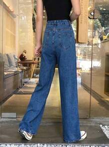 Jeans Para Mujer Pantalones De Cintura Alta Jeans Straight Loose Dragging Wide Leg Pantalones Drapeados - Azul lavado oscuro - Ver 2