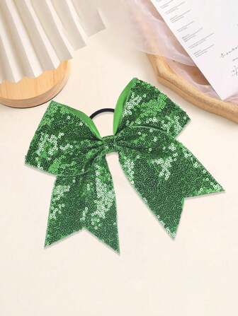 1pc Green Bow Headband, Christmas Bowknot Elastic Hair Tie, Shiny Butterfly Hair Holder, Ribbon Hair Scrunchie For Girls (Green)