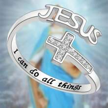 (1pc) Glass Rhinestone Inlay Cross Ring With Engraved 'I Can Do All Things' - Fashionable Zinc Alloy Religious Jewelry Gift For Women And Girls Over 15 - Unplated Jesus Themed Ring