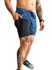 Kit 3 Shorts 2 In 1 Dry Fit Gym Men's Compression With Cell Phone Pocket - Màu xanh lam - Xem 3