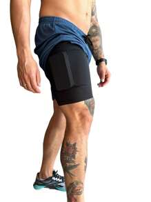 Kit 3 Shorts 2 In 1 Dry Fit Gym Men's Compression With Cell Phone Pocket - Màu xanh lam - Xem 6
