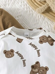 2 pièces Combinaison à manches longues pour bébé garçon avec imprimé de lettre d'ours mignon et unie, tenue pour le printemps/automne