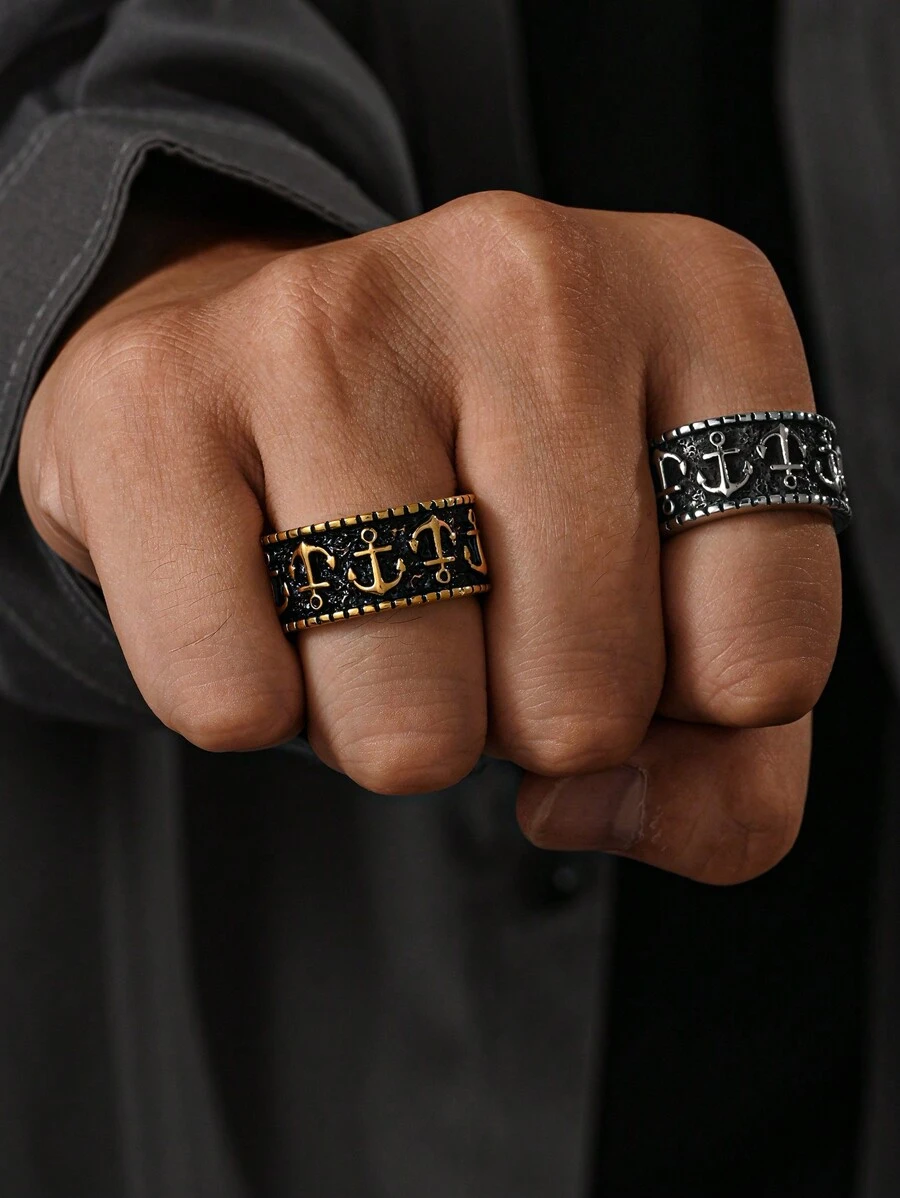 1 pieza Anillo de hombre con baño de oro de 18K y diseño de ancla vintage hecho de acero inoxidable, regalo de joyería - anillo - Ver 1