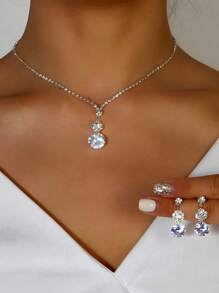 Bộ trang sức vòng cổ và hoa tai đính đá Rhinestone sang trọng, phù hợp cho trang phục dự tiệc của phụ nữ - Bạc - Xem 4