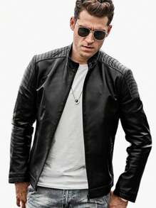 Chamarra Casual De Piel Sintética Para Hombre, Con Cuello Alto, Colores-Chamarra Tipo Piel Estilo Motociclista para Hombre con Detalles en Hombros (Varios Colores) - Negro - Ver 1