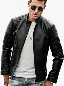 Chamarra Casual De Piel Sintética Para Hombre, Con Cuello Alto, Colores-Chamarra Tipo Piel Estilo Motociclista para Hombre con Detalles en Hombros (Varios Colores) - Negro - Ver 2