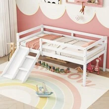 Twin Low Loft Bed With Slide, Ladder, Safety Guardrails, No Box Spring Needed, White