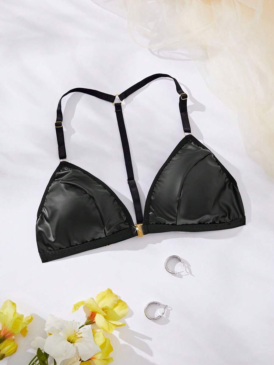 1 bộ đồ lót da đen gợi cảm, thiết kế thời trang và tối giản, đa năng - màu đen - Xem 1