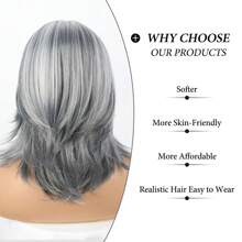 KRSI Silver Gray Ombre Layered Wigs With Curtain Bangs For Women Synthetic Short Light Grey Wig Layered Gray Wavy Bob Wig Highlight Grey Curly Bob Wig For Women Silver Grey Wig - 銀灰 - 查看 5