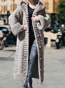 Casual Solid Color Thick Knit Hooded Long Cardigan, Autumn-Winter - Grey - View 1