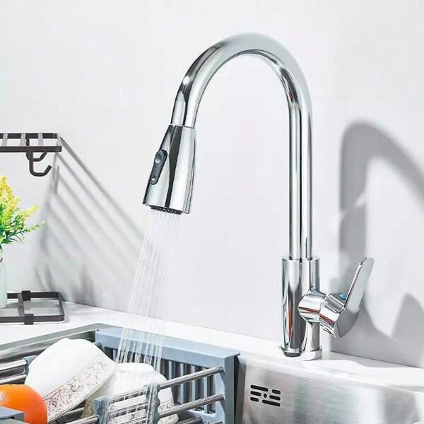 Robinet de cuisine chromé pivotant à 360 °, extractible, monotrou, évier de cuisine