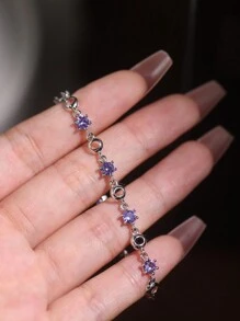 1 chiếc vòng tay xích có thể điều chỉnh hình tròn dễ thương mạ bạc Sterling 925, vàng trắng, đính đá Zirconia, nhẹ, sang trọng và thời trang - Màu tím - Xem 2