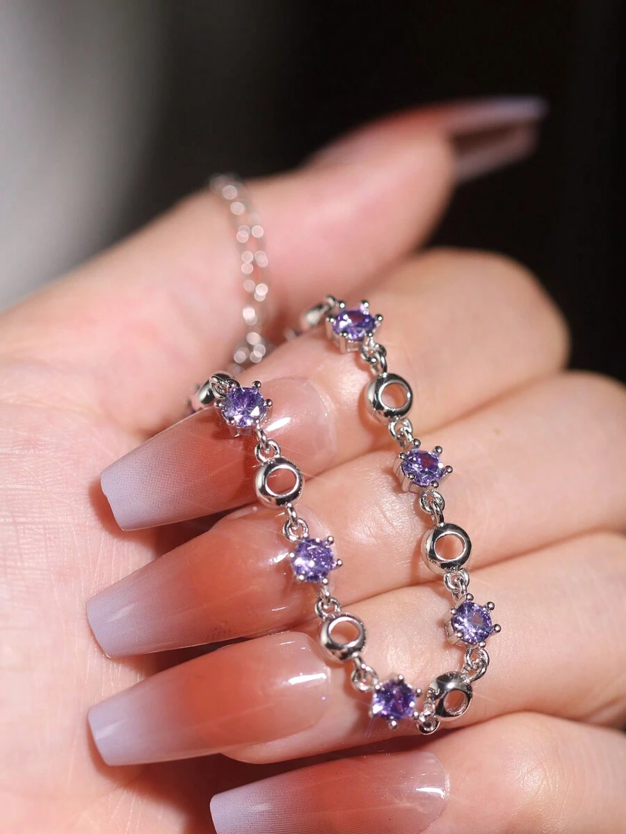 1 chiếc vòng tay xích có thể điều chỉnh hình tròn dễ thương mạ bạc Sterling 925, vàng trắng, đính đá Zirconia, nhẹ, sang trọng và thời trang - Màu tím - Xem 1
