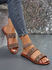 Plus Size Women's Strap Crystal Embellished Open Toe Slip On Sandals, Fashionable Casual Outdoor Beach Slides, Summer