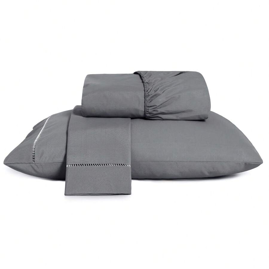 3-Piece Sheet Set 400 Thread Count Queen Size Bed Micropercal Ponto Palito Hotel Soft Touch - Grey - View 1