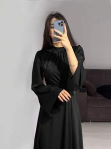 女士纯色圆领系带喇叭袖缎面优雅端庄长袖连衣裙，春秋季黑色 - 黑色 - 查看 3