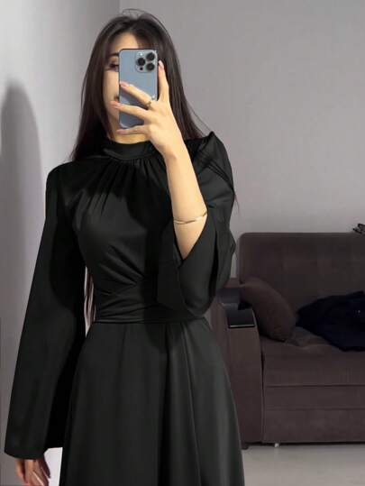Women Solid Color Round Collar Tie Waist Flare Sleeve Satin Elegant Modest Long Sleeve Dress, Spring & Autumn