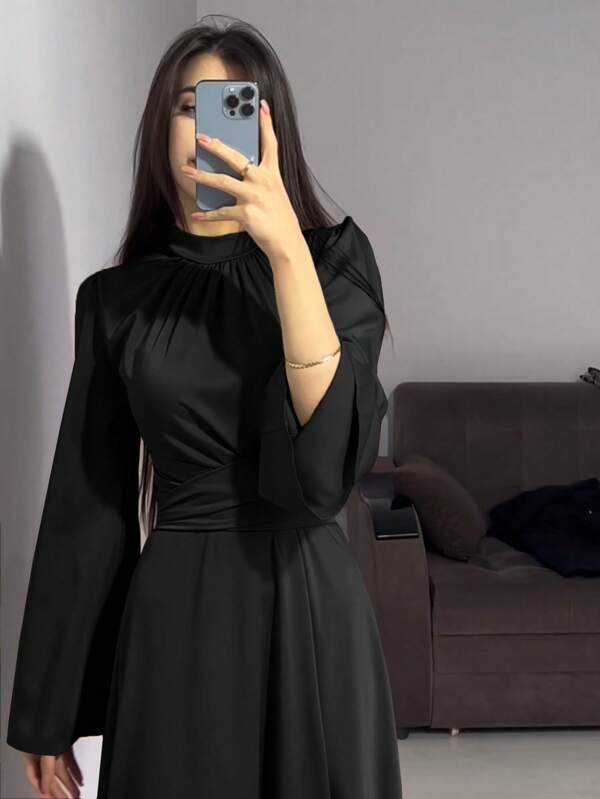 Women Solid Color Round Collar Tie Waist Flare Sleeve Satin Elegant Modest Long Sleeve Dress, Spring & Autumn
