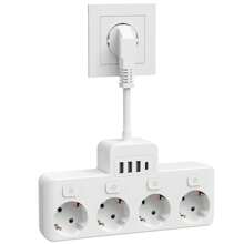HITRENDS 1 件 8 合 1 欧盟多插头电源适配器，快速充电电源板，带 4 个 AC 插座、4 个 USB（3 个 USB-A、1 个 USB-C）端口、带 LED 指示灯的独立开关和 5 厘米延长线壁式插座，黑色白色 3840W 250V 16A，适用于家庭旅行办公室 - 查看 12