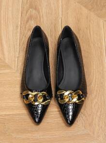 超宽平底鞋，带方形扣水钻，尖头低跟休闲鞋，适合日常穿着