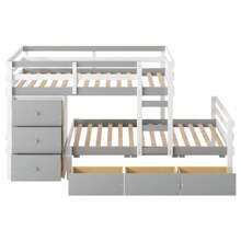 Twin Over Twin Loft Bunk Bed With Drawers And Ladder, Gray - 灰色+松木+雙色如圖 - 查看 8