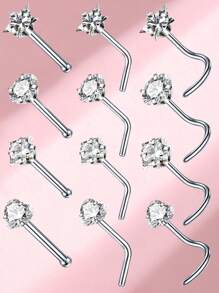 4pcs Round Heart, Pentagram, Cube Zirconia Decorated I L-Type Nose Studs, Gold & Silver Color