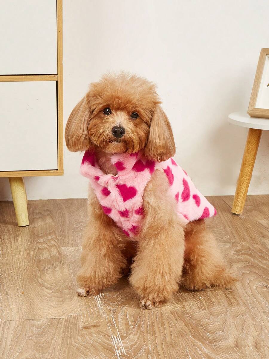 Chaqueta de piel de conejo de otoño/invierno, diseño con estampado de corazón, accesorio de correa con anilla en D, gruesa y cálida - Rosa Roja - Ver 1