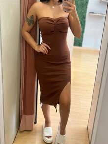 Leticia Strapless Midi Tube Dress With Elastic Chest Pads Ribbed Fabric Summer Fashion - Màu nâu Sô-cô-la - Xem 2