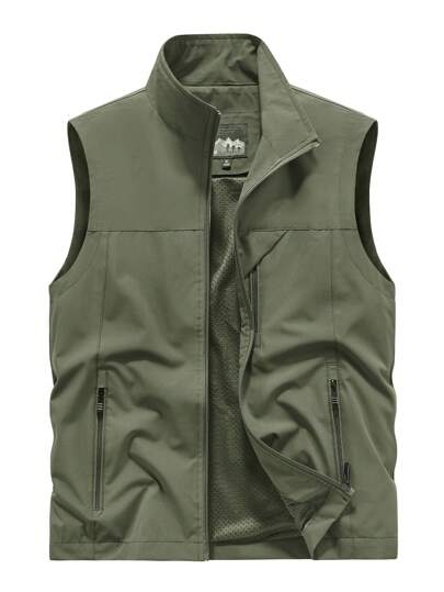 Men's Lightweight Stand Collar Vest Jacket, Spring & Autumn, Multiple Pockets, Padded Casual Waistcoat