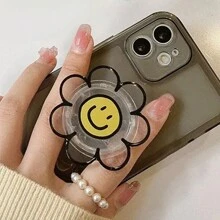 Soporte acrilico transparente con diseño de flor de dibujos animados compatible universalmente con teléfonos inteligentes, incluyendo , para regalo de cumpleaños, familia y amigos - Agarre telefónico de empuje-tirón, accesorios para teléfono