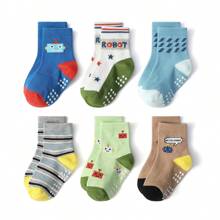 12pcs Boys Robot Pattern Mid-Calf Socks, Regular Thickness, All Seasons (0-7 Years), Anti-Slip Dots