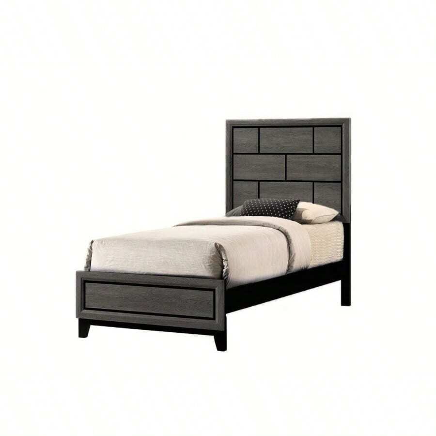 Cotemporary Gray Finish Twin Size Panel Low-Profile Youth  Bed Geometric Design Wooden Bedroom Furniture - 棕灰色+木色如圖 - 查看 1