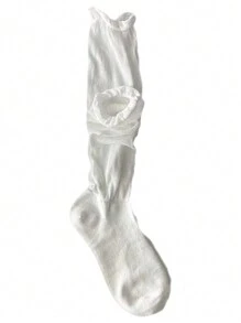 1 Pair Women White Sweet Lace Trim Calf High Socks, 2 Ways To Wear, Stretchy Knee High Stockings For Fall & Winter, Stripe, Knitted Cuffs, Cozy