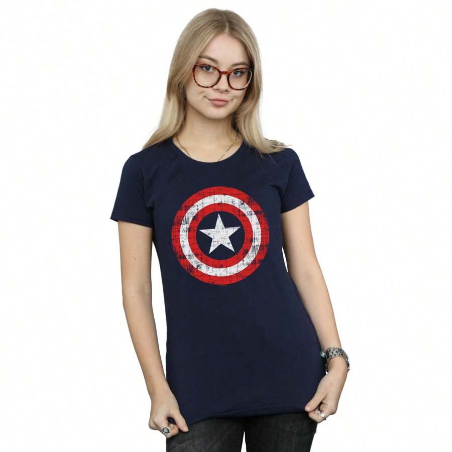 Marvel Womens/Ladies Avengers  Scratched Shield Cotton T-Shirt (Navy Blue) - 藏蓝色 - 查看 1