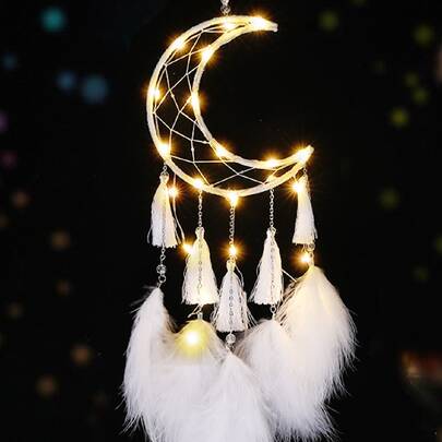 1 件捕梦网风铃装饰，浪漫月亮设计，女孩 DIY，人造羽毛，家居装饰，房间装饰，墙壁装饰