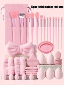 37pcs Facial Makeup Tool Set: Includes 13pcs Makeup Brushes & 1pc Hair Ties & 2pcs Wristbands & 4pcs Large Makeup Sponges & 4pcs Mini Beauty Eggs & 4pcs Fan-Shaped Powder Puffs & 4pcs Thumb Powder Puffs & 1pc Wash Brush Cleaning Bowl - Suitable For All Skin Types