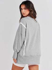 Women's Oversized Sweatshirt Round Neck Long Sleeve Hoodie - Grey - View 2