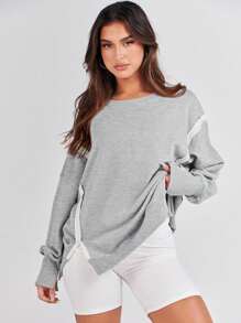 Women's Oversized Sweatshirt Round Neck Long Sleeve Hoodie - Grey - View 4